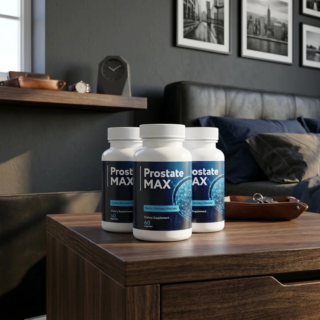 Prostate Max bottles on a nightstand